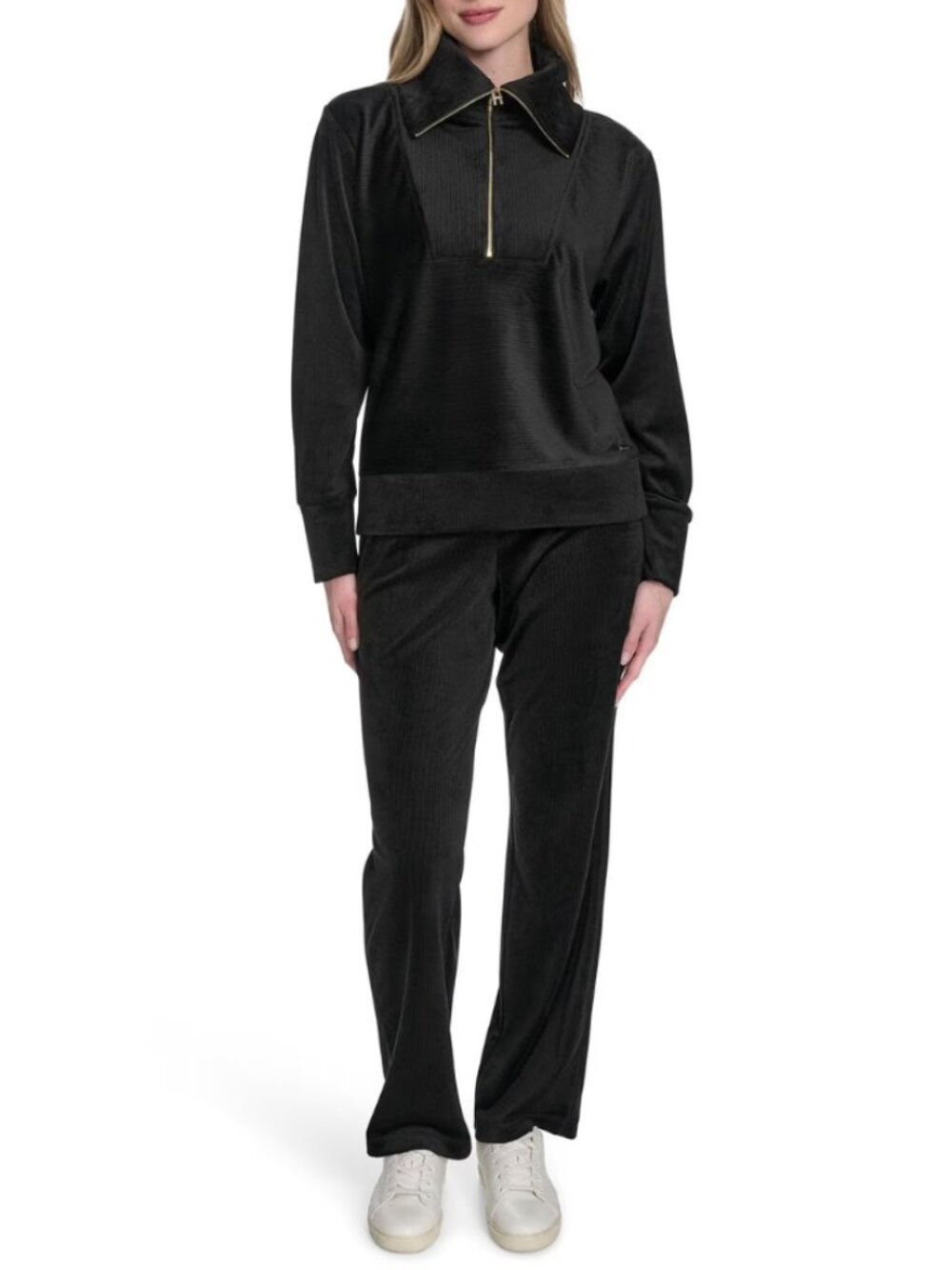Halston Women's Velour Quarter-Zip Pullover and Pant Set Sz XS Black Ribbed